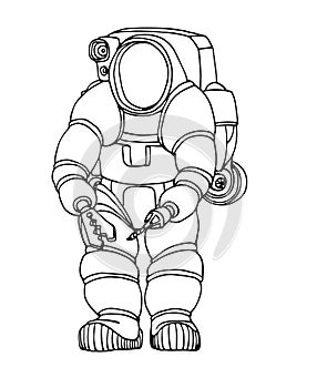 Modern heavy deep water diver suit with spotlight, manipulator and jetpack